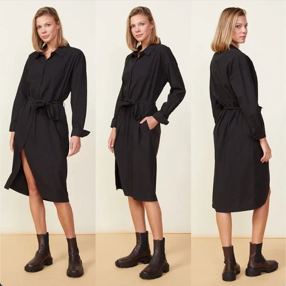 Monrow Asymmetrical Poplin Tie Shirt Dress in Black 100% Cotton, Size Small - Picture 1 of 14